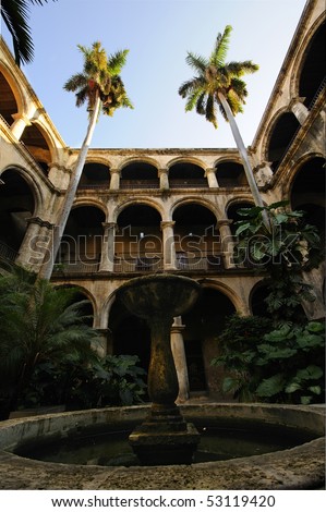 Cuban colonial house with interior court yard and fountain in Old Havana