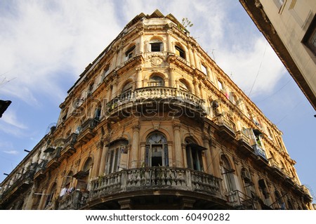 Detail of vintage facade in crumbling Havana building
