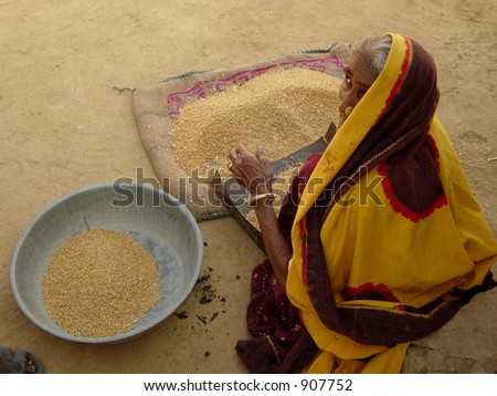 an old woman cleaning food grain in a village in india