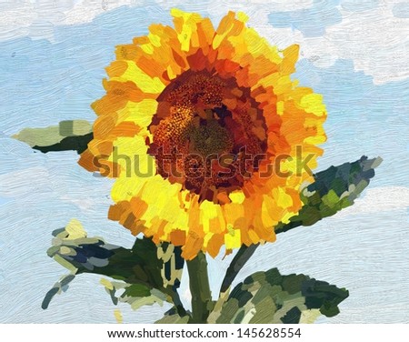 Oil painting yellow sunflower