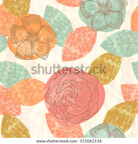 Seamless pattern with colored leaves and flowers in grunge style