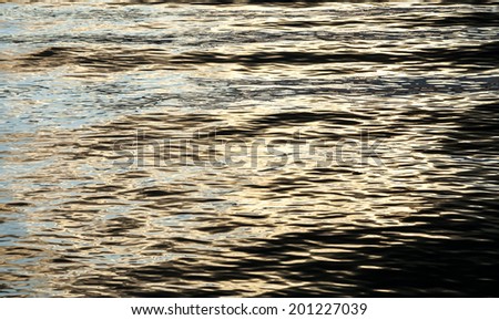 Textured background of small waves and ripples reflecting blue and yellow light and dark shadows at dusk just after sunset
