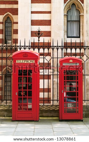 Classic red British telephone boxes