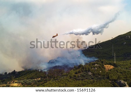 Fire in the forest on mountains near Makarskar in Croatia with water-bomber plane