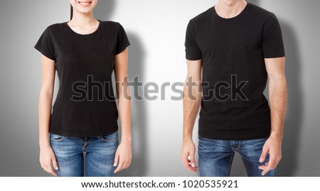 Man and woman in blank black tshirt front and rear on gray background.