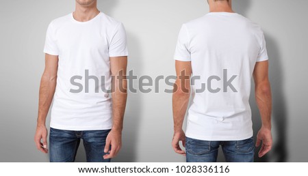 Shirt design and people concept - close up of young man in blank white t-shirt front and rear isolated.