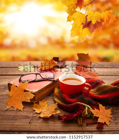 Autumn leaves, book and cup of tea on wooden table. Autumn mood background.
