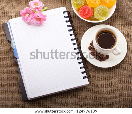 Blank Pad of Paper ready for your own text, Coffee, flowers and candy