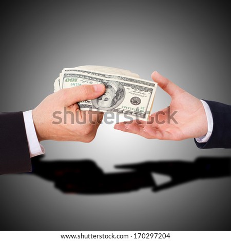 Businessman Giving Money Cash Dollars in  Hands of passing them to the client. Concept of Money. Isolated, Space for Text
