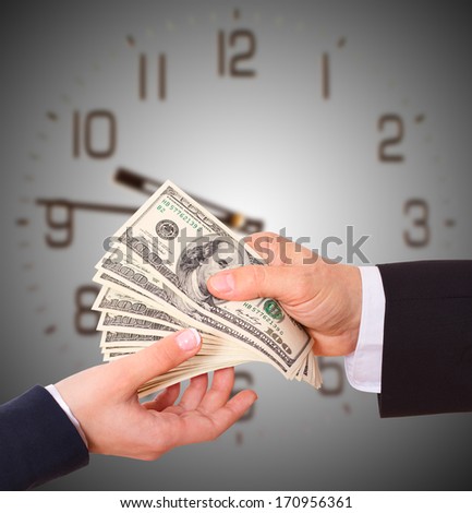 Businessman Giving Money Cash Dollars in  Hands of passing them to the client. Concept of Time is Money. Isolated, Space for Text