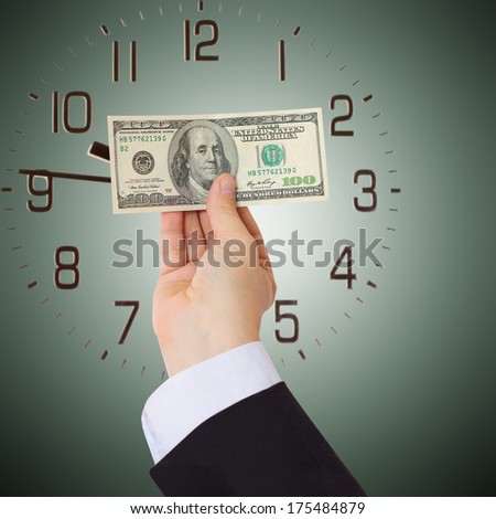 businessman giving money cash dollars in  hands of passing them to the client. Concept of time is money. Watches, Space for text