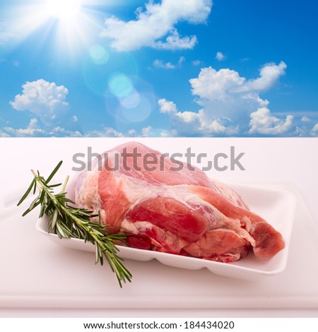 Food. Sliced pieces of raw meat for barbecue on white surface. Meat raw steak. Beef steak bbq. Spices for cooking meat.