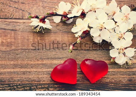 Flowering branch with white delicate flowers on wooden surface. Declaration of love, spring. Wedding card, Valentine\'s Day greeting. Space for text