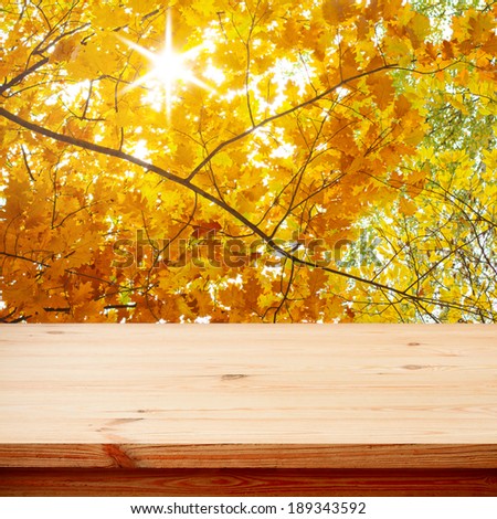 Empty wooden deck table for product montage. Sunny day autumn landscape, panorama.  Free space for your text