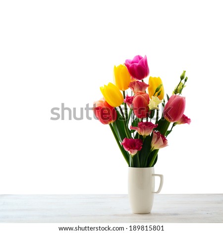 Colorful spring flowers bouquet tulips isolated on white background. Mother\'s Day holiday, birthday, Easter for card