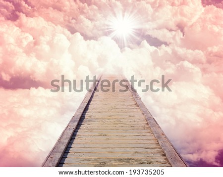 Blue sky with sun and beautiful clouds. Stairs in sky, the road to heaven. Purple toning