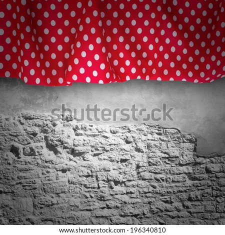 Unusual stone wall texture with cloth. Red tablecloth white peas for recording menu, recipe. Product pages for installation recipe books menu