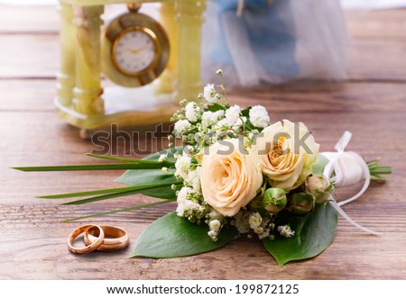 Wedding card, Valentine\'s Day greeting. Wedding bouquet, background. Flowering branch with white delicate flowers on wooden surface. Declaration of love, spring.  Empty wooden tabletop Space for text