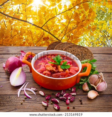 Soup for lunch. Ukrainian and Russian national Red Borscht on wooden surface, menu cooking recipes. Food, spices for cooking. autumn landscape