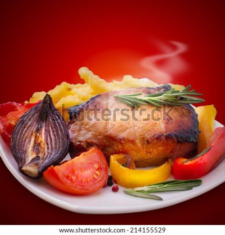 Food meat barbecue with vegetables on wooden surface isolated. Meat steak. Beef steak bbq. Tomatoes, peppers, spices for cooking meat.