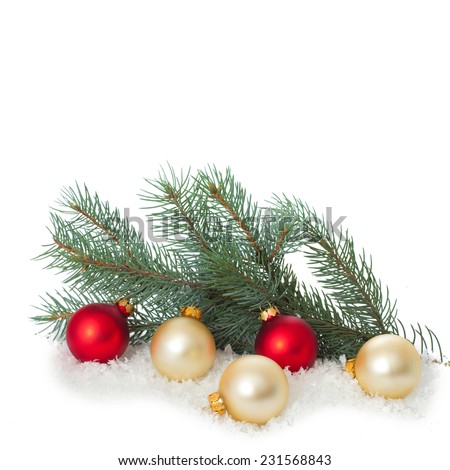 Christmas ornaments on Christmas tree. Christmas border with ornament, present and snow. New Year festive design greeting card isolated on white background