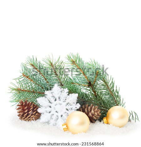 Christmas ornaments on Christmas tree. Christmas border with ornament, present and snow. New Year festive design greeting card isolated on white background