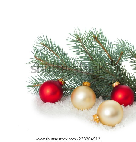 Christmas ornaments on Christmas tree. Christmas border with ornament, present and snow