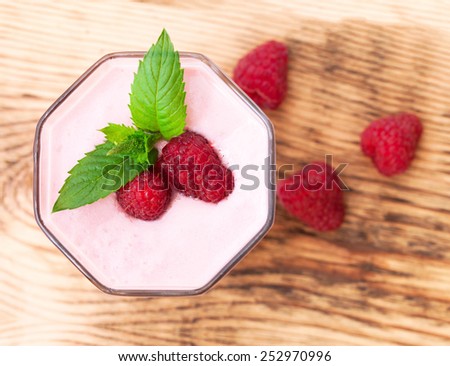 Drink smoothies summer strawberry, blackberry, raspberry on wooden table. Top view horizontal, Selective focus.