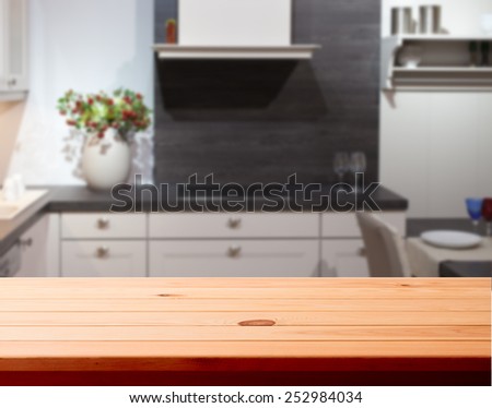 Kitchen interior empty wooden table closeup. horizontally