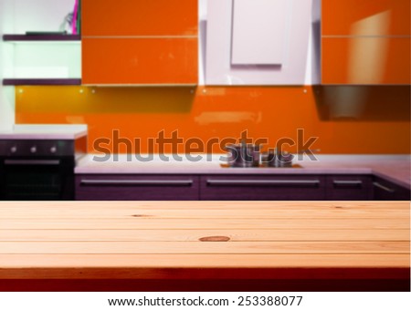 Kitchen interior empty wooden desk. horizontally. Background is blurred
