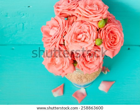 flowers beautiful bouquet of roses on vintage background. Unusual perspective top view