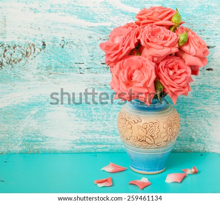 White roses in vase. Flowers beautiful bouquet of roses on vintage background.