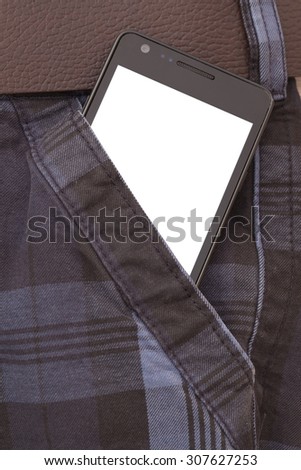 Modern phone in jeans pocket displaying white screen application.