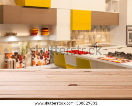 wooden table of free space and room of kitchen