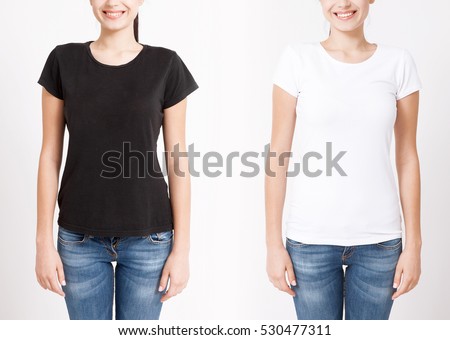 T-shirt design and people concept - close up of young woman in shirt blank black and white t-shirt isolated.