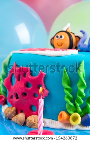 fresh Happy birthday cake with marine decoration