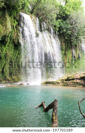waterfall with falling water on rocks and tree roots Kursunlu Antalya Turkey