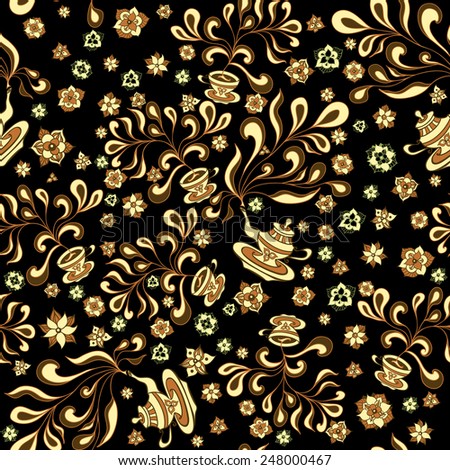Seamless pattern in doodle style for Tea in doodle style for advertising Tea or for  package or template  in gold black colors
