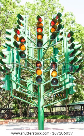 Traffic light shows green signal on railway. Green light