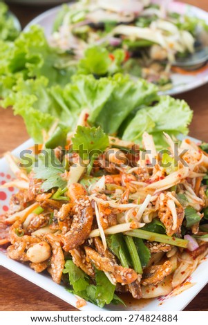 Herb salad with deep fried fish and shrimp (Thai fusion and healthy food)