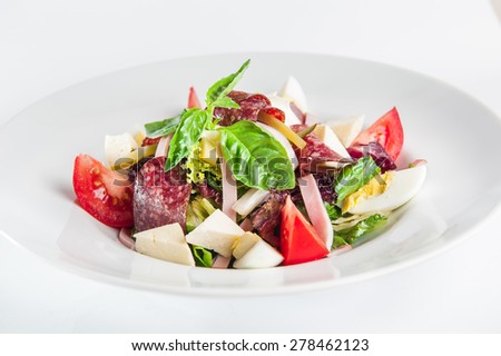 Isolated Delicious Salad with salami, strips of ham, cheese, tomatoes, eggs, pickled cucumber slices, mix lettuce, decorated with a sprig of basil on a white plate
