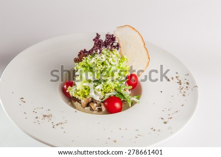 Close up Warm quinoa salad with roasted mushrooms and onions in a creamy souce, mixed lettuce decorated with cherry tomatoes and toast on the white plate isolated
