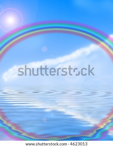 Rainbow reflected in blue water
