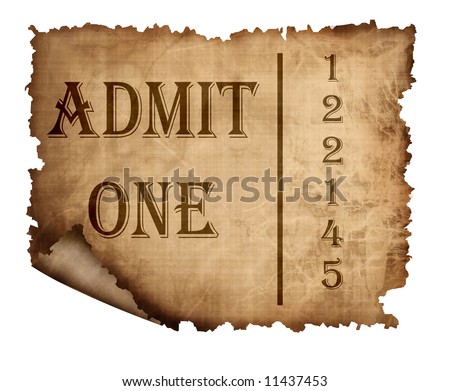Old paper admission ticket isolated on white background