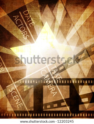 Old paper texture with some stains, star, film strip and clapboard