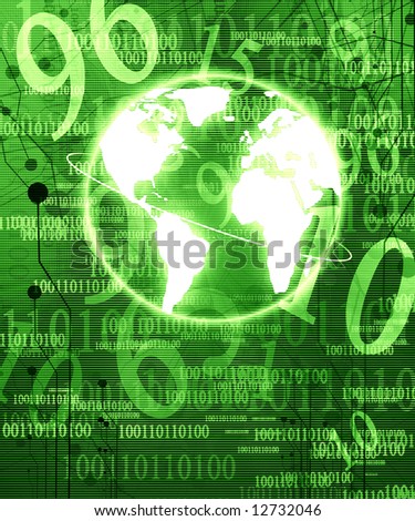 Digital world on a green background with integrated computer circuit