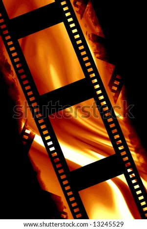 Blank negative film strip on a fire like background