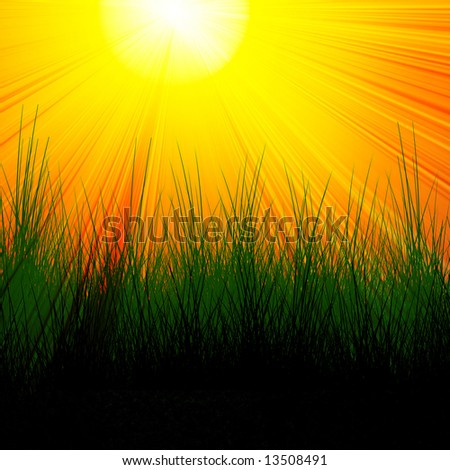 Burning red sun with green grass elements
