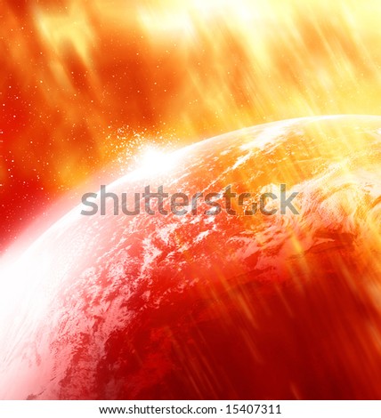 global warming: planet earth on a red background