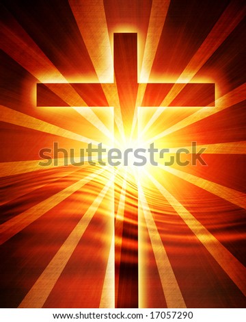 Glowing sunset with cross and bright rays